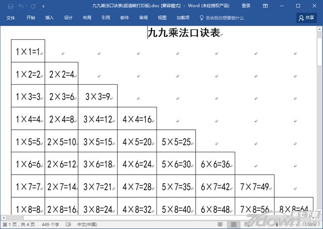 九九乘法口诀表超清晰打印版下载 乘法口诀表打印版免费版 七达手机站