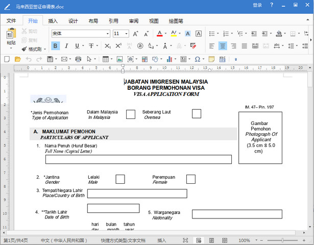 马来西亚签证申请表