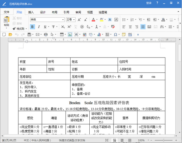 手术室压疮风险评估表格模板doc