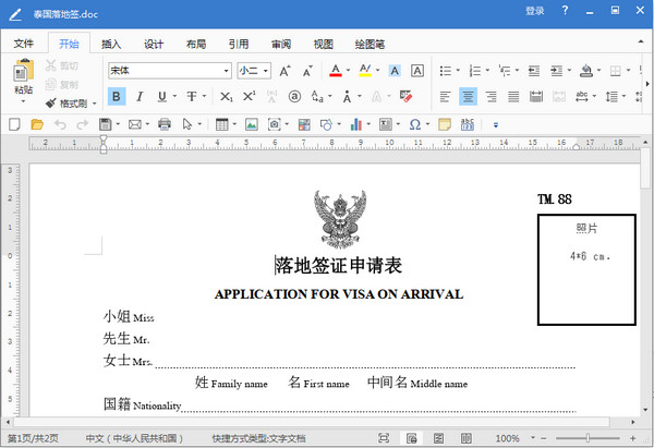 泰国落地签证申请表高清打印版