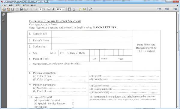 缅甸签证申请表格pdf
