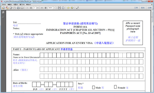 新加坡签证申请表PDF 电子打印版