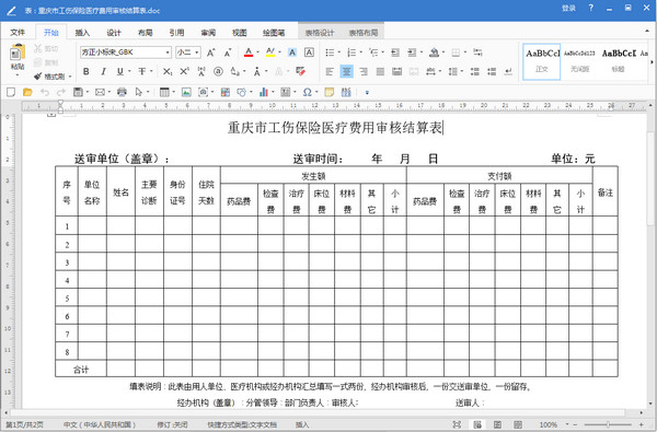 重庆市工伤保险医疗费用审核结算表