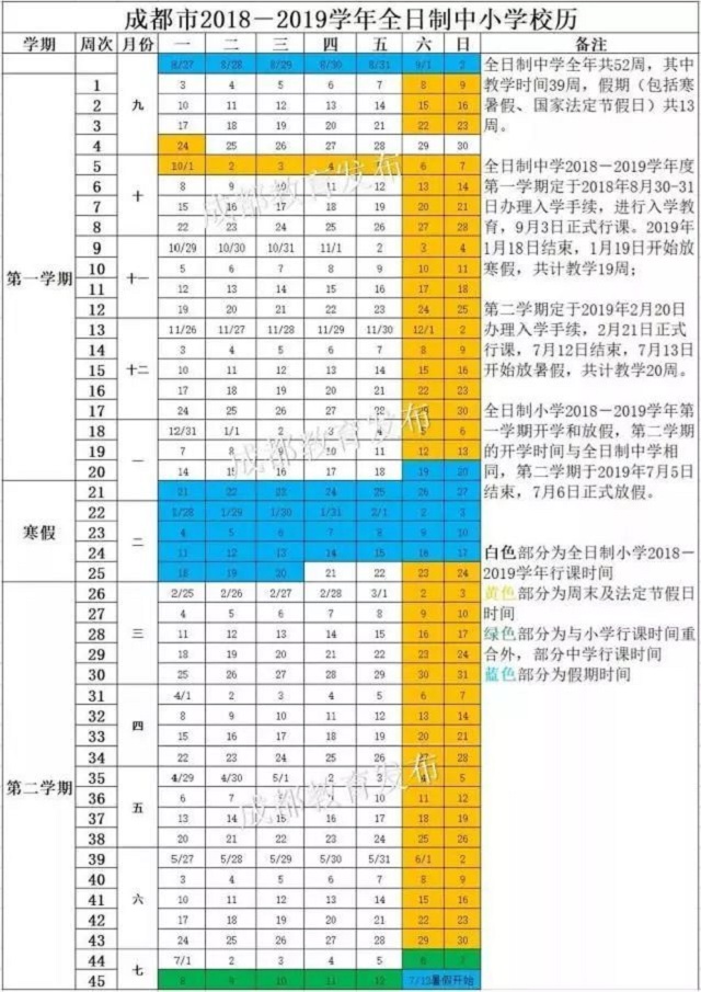 四川省2018至2019学年度校历安排时间表