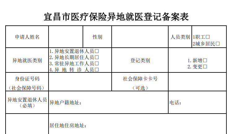 宜昌市基本医疗保险异地就医登记表